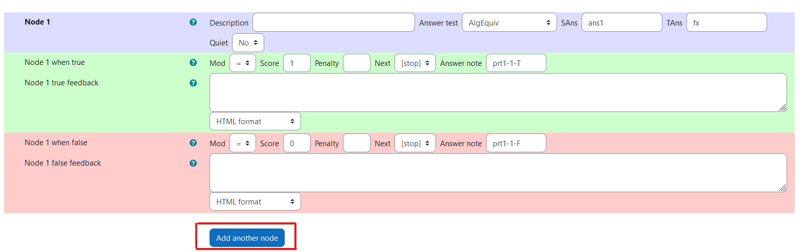 STACK question potential response tree with 'Add another node' button below, centre left